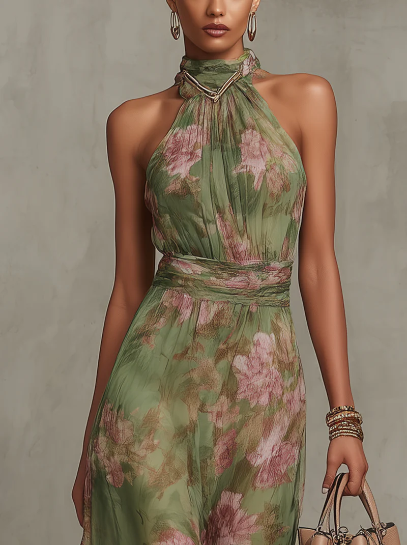 Fabiana | Vestido Largo Verde Floral en Chifón con Escote Halter