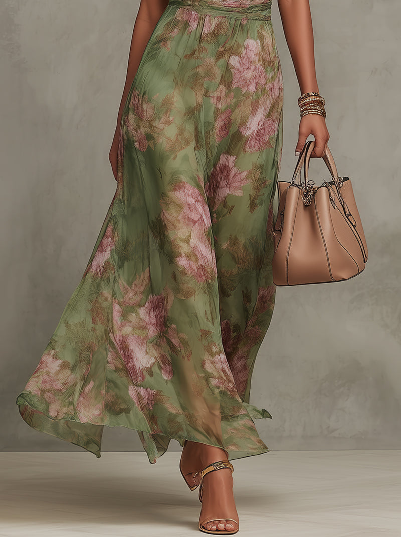 Fabiana | Vestido Largo Verde Floral en Chifón con Escote Halter