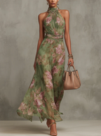 Fabiana | Vestido Largo Verde Floral en Chifón con Escote Halter