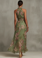 Fabiana | Vestido Largo Verde Floral en Chifón con Escote Halter