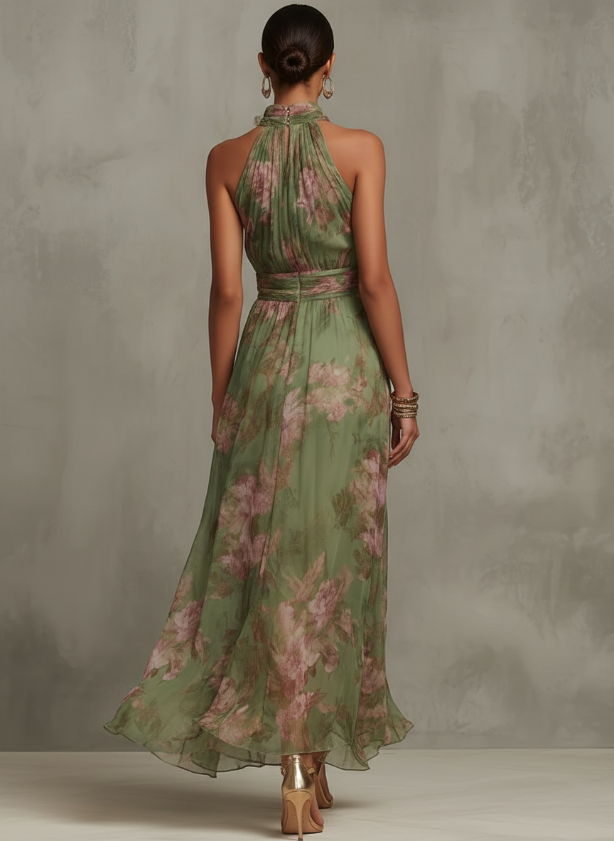 Fabiana | Vestido Largo Verde Floral en Chifón con Escote Halter