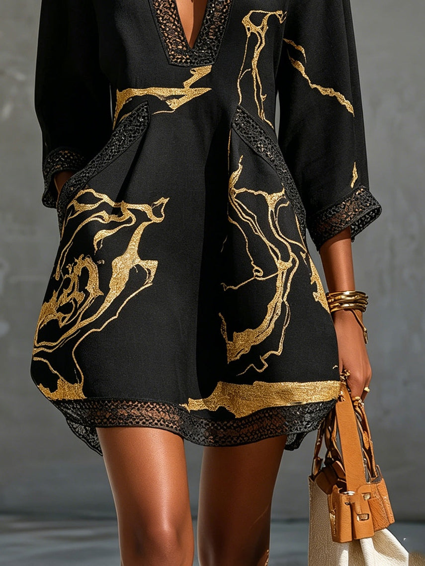 Arianna | Vestido Corto Estampado Negro y Oro